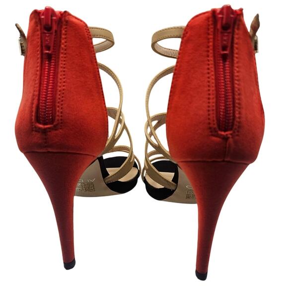 Aldo Suede Leather Strappy Heels Blk/Tan/Red Zip Up 4" Heel Sz 6.5 - Picture 6 of 7